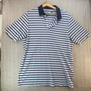 KJUS Polo Shirt Mens XL Blue White Striped Golf Comfort Fit Performance Tech